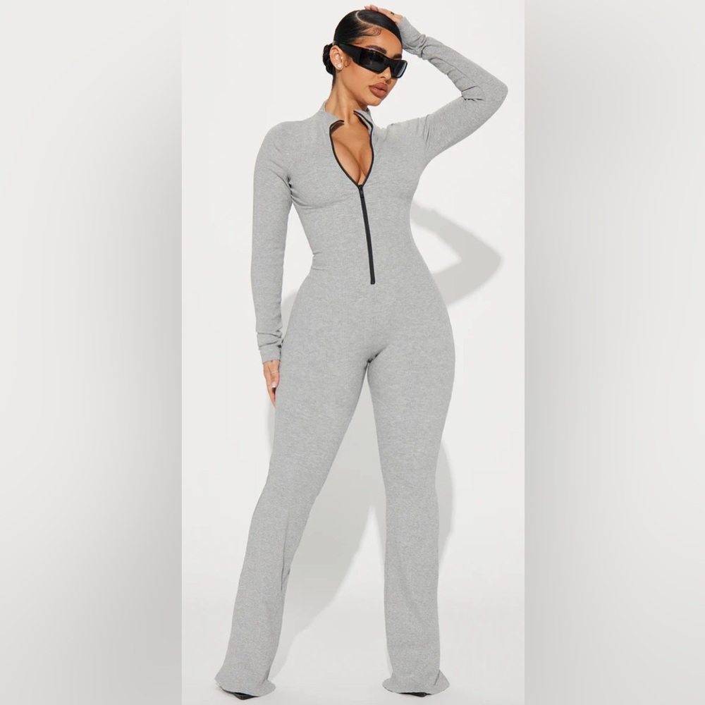 Fashion Nova Sabrina Snatched Flare Jumpsuit - Heather Grey